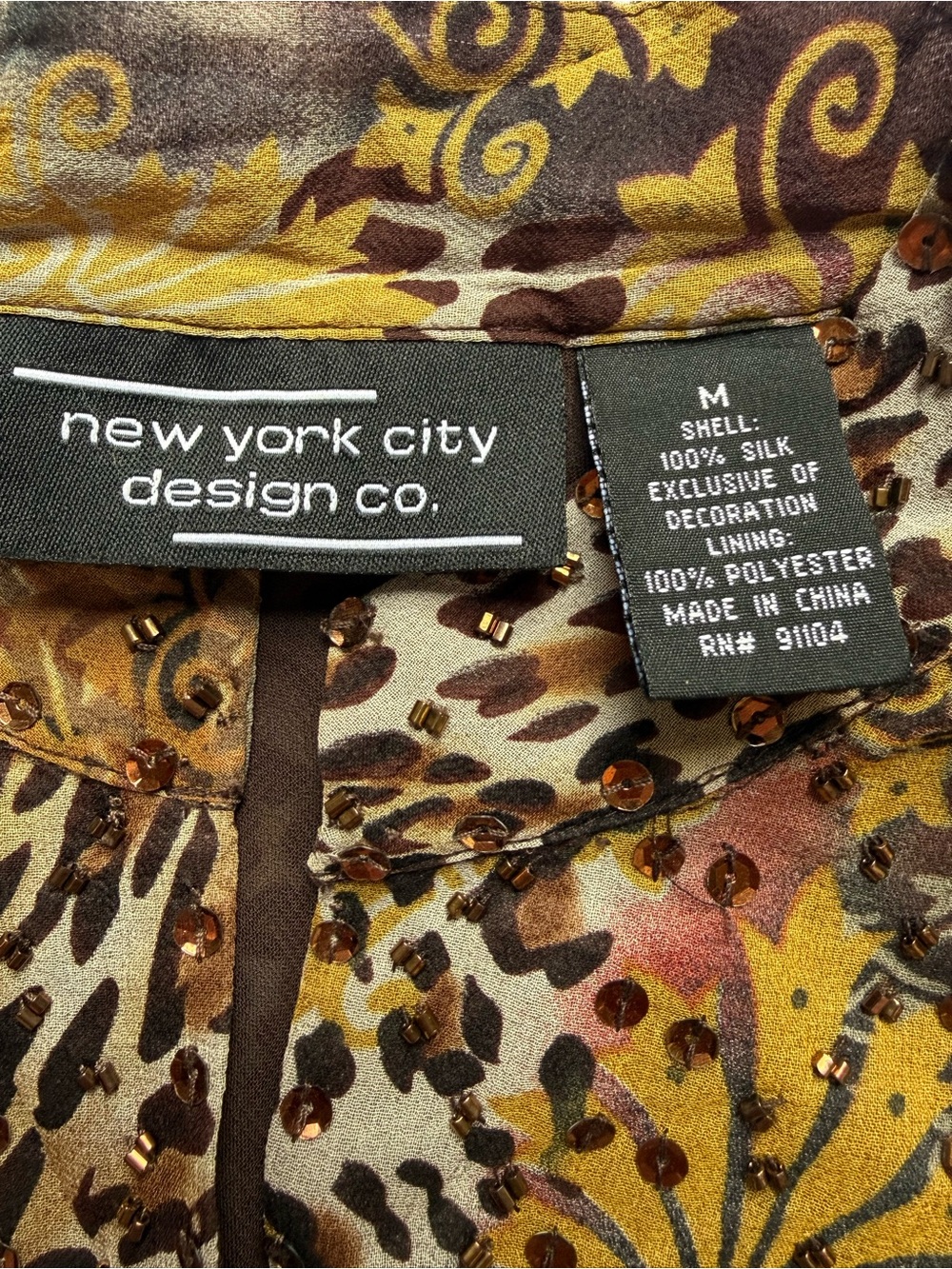 New York City Design Co. Silk Beaded Animal-Baroque Print Blouse - Brown/Gold - Picture 6 of 6